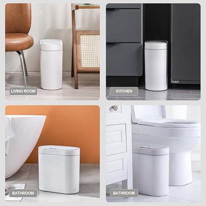 ELPHECO Bathroom Motion Sensor Trash can 2.5 Gallon Automatic Garbage Can, 9.5L Slim Plastic Smart Trash Bin with Lid Bathroom Decor, Sensor Garbage can for Bedroom, Kitchen, Office, White