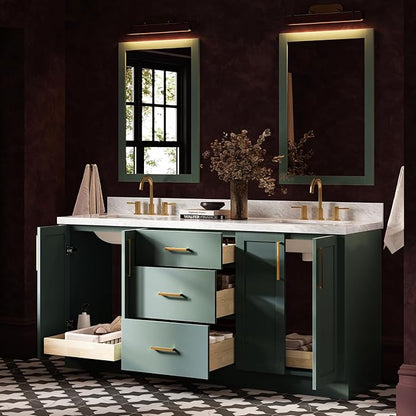 ARIEL Loren 72-inch Bathroom Vanity with Sink,Solid Wood, 1.5-inch Italian Carrara Marble Countertop, Double Rectangular Porcelain Sink, 4 Soft Closing Doors, 3 Dovetail Drawers, Vintage Green
