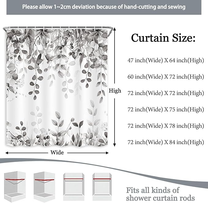 Black and White Eucalyptus Shower Curtain, Gray Watercolor Plants Foliage Floral Bathroom Curtains, Simple Botanical Leaves Waterproof Fabric Cloth Shower Curtain Set with Hooks 60X72 Inch