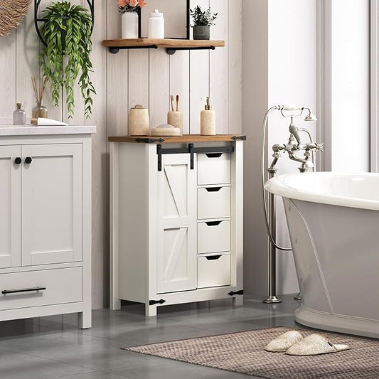 HOOBRO Bathroom Storage Cabinet, Farmhouse Cabinet with Sliding Barn Door, Adjustable Shelf and 4 Drawers, 11.8" D x 23.6" W x 31.9" H, Freestanding for Bathroom, Kitchen, White and Walnut