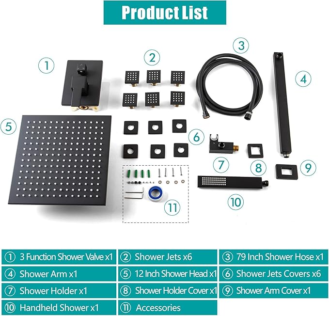 SKOWLL Rainfall Shower Faucet with 6 Full Body Jet Spray, 12 Inch LED Rain Shower Head with Handheld Spray Combo, Wall Mount Matte Black Shower Faucet Set