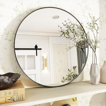 Black Round Bathroom Mirror 30", Thin Metal Frame Wall Mirror | Circle Vanity Mirror for Over Sink, Hanging or Leaning Decor for Hallway, Entryway, Fireplace Mantel, Living Room