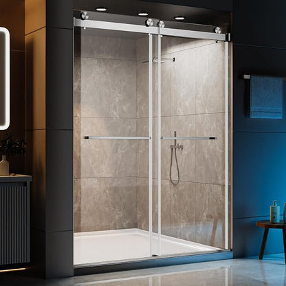 56–60" W × 78" H Frameless Sliding Glass Shower Door, 3/8" (10mm) Thick Tempered Glass, Stainless Steel Hardware, Double Sliding Shower Doors for Walk in Shower, Brushed Nickel