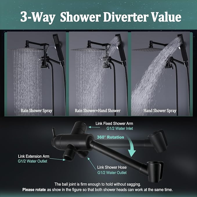 All Metal For California Rain Shower Head with Handheld Combo, YDmeet 8 Inch Rainfall Shower Head, 3-Way Diverter, Stainless Steel Handheld, 14" Adjustable Extension Arm, 71 Inch Hose, Matte Black