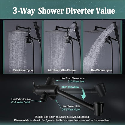 All Metal For California Rain Shower Head with Handheld Combo, YDmeet 8 Inch Rainfall Shower Head, 3-Way Diverter, Stainless Steel Handheld, 14" Adjustable Extension Arm, 71 Inch Hose, Matte Black