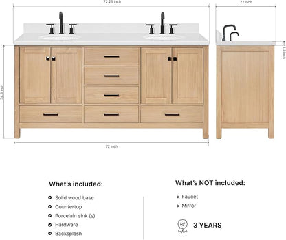 ARIEL Cambridge 72-inch Bathroom Vanity with Sink,Solid Wood, 1.5-inch Carrara White Quartz Countertop & Backsplash, Double Oval Porcelain Sink, 4 Soft Closing Doors, 6 Dovetail Drawers, White Oak