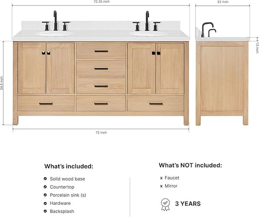 ARIEL Cambridge 72-inch Bathroom Vanity with Sink,Solid Wood, 1.5-inch Carrara White Quartz Countertop & Backsplash, Double Oval Porcelain Sink, 4 Soft Closing Doors, 6 Dovetail Drawers, White Oak