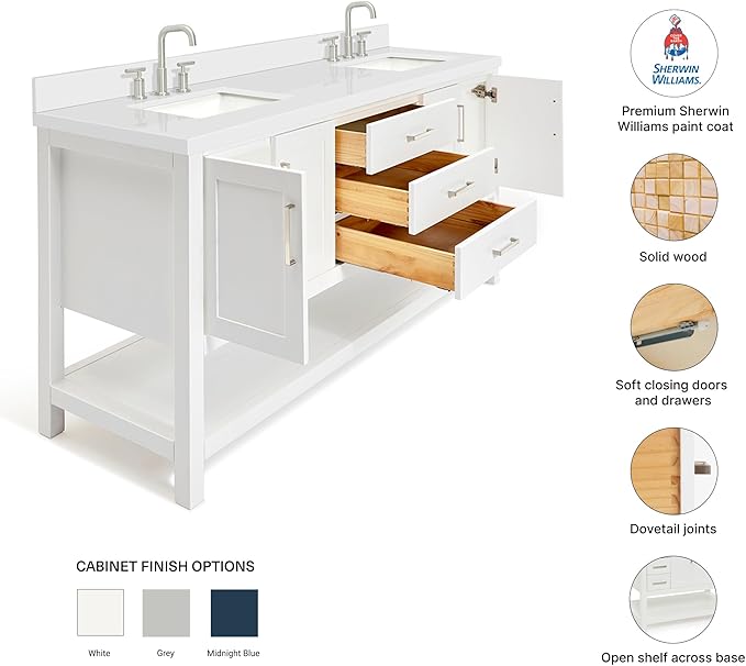 DKB Olivia 72" White Double Bathroom Vanity, 1.5" Pure White Quartz Countertop, Rectangular Undermount Sinks, 4 Soft Closing Doors, 3 Dovetail Drawers, Open Shelf, Brushed Nickel
