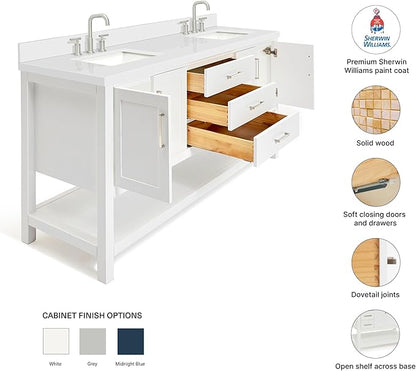 DKB Olivia 72" White Double Bathroom Vanity, 1.5" Pure White Quartz Countertop, Rectangular Undermount Sinks, 4 Soft Closing Doors, 3 Dovetail Drawers, Open Shelf, Brushed Nickel