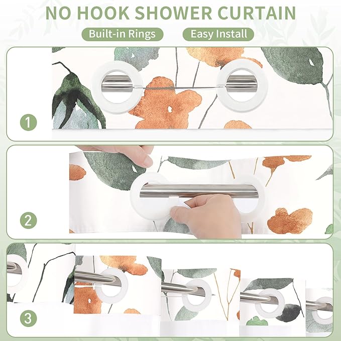 No Hook Sage Green Watercolor Floral Shower Curtain and Liner Set, 72x86 | Spring Flower Shower Curtains with Snap-in Liner for Farmhouse Bathroom Decor, Botanical Bathroom Curtain with Leaves