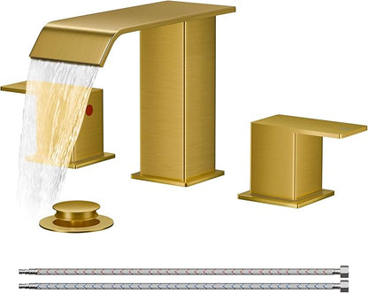 FORIOUS Brushed Gold Bathroom Sink Faucets 3 Hole Widespread, 2 Handles Bathroom Faucet with Pop-up Drain and Flexible Hot and Cold Water Hoses, Suitable for Vanity RV Restroom