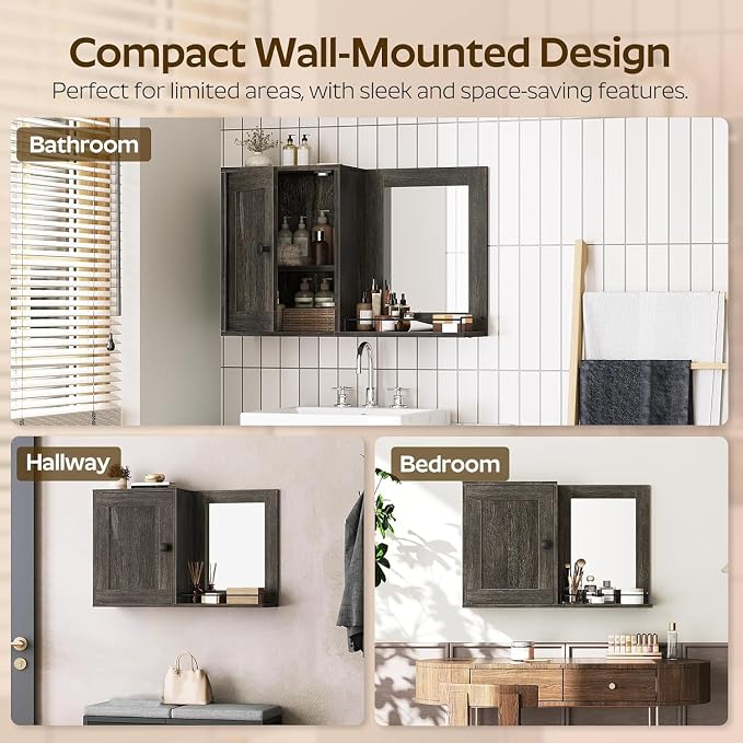 YATINEY Medicine Wall Cabinet with Mirror, Bathroom Mirror with Storage, Medicine Cabinet Mirror, Wall Mounted Home Storage, Adjustable Shelf, for Laundry Room, Bedroom, Camper, Hallway, Smoky Oak