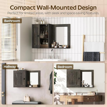 YATINEY Medicine Wall Cabinet with Mirror, Bathroom Mirror with Storage, Medicine Cabinet Mirror, Wall Mounted Home Storage, Adjustable Shelf, for Laundry Room, Bedroom, Camper, Hallway, Smoky Oak