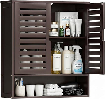 SMIBUY Bathroom Cabinet Wall Mounted, Bamboo Over-The-Toilet Storage Organizer, Space Saver Medicine Cabinet with 2 Door and Adjustable Shelves (Dark Brown)