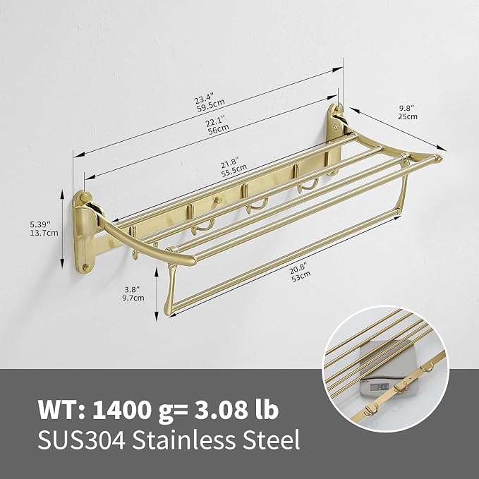 Towel Racks with Foldable Towel Bar Hooks, Wall Mounted Brushed Gold | 24 Inch Bathroom Towel Shelf Holder, Multifunctional Storage Bathroom Accessories, Double Towel Bars, Rust-resistant Metal