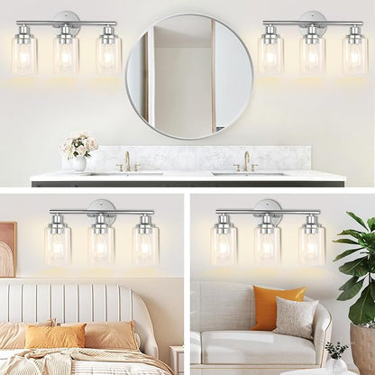Bathroom Light Fixtures Chrome Vanity Light Silver 3 Light Modern | Wall Sconces Lighting Bathroom with Clear Glass Shades Bath Wall Lights Wall Lamp for Mirror, Kitchen Living Room Hallway