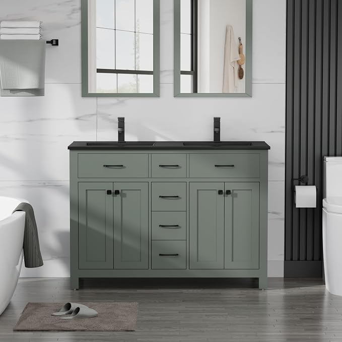 LUCKWIND 48" Modern Bathroom Vanity with Sink Combo, Contemporary Painted Storage Cabinet and Double Black Sink, Include Soft-Closing Doors & Matte Black Faucet, Green