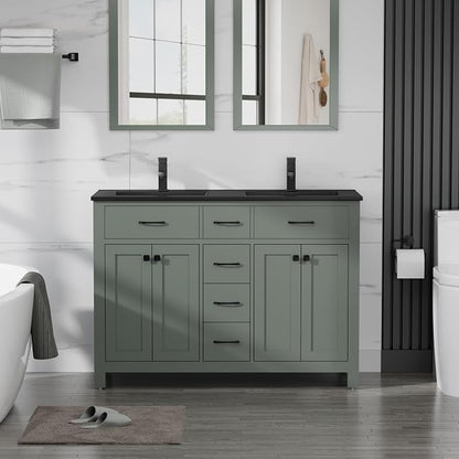 LUCKWIND 48" Modern Bathroom Vanity with Sink Combo, Contemporary Painted Storage Cabinet and Double Black Sink, Include Soft-Closing Doors & Matte Black Faucet, Green