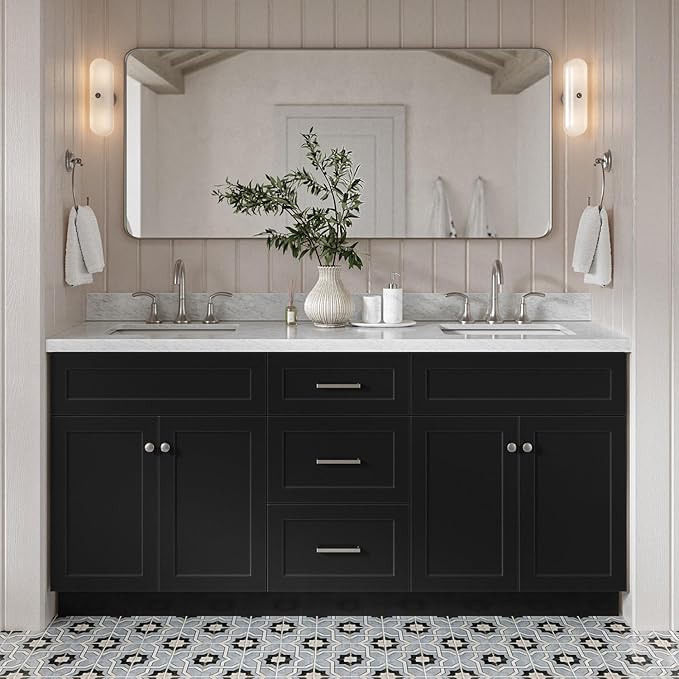 DKB Bradford 72 Inch Bathroom Vanity Double Sink — Black Bathroom Vanity with Sink, 1.5" Edge Italian Carrara Marble Countertop & Backsplash, 4 Soft-Close Doors, and 3 Dovetail Drawers