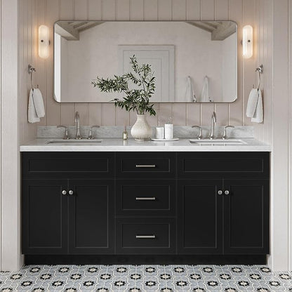 DKB Bradford 72 Inch Bathroom Vanity Double Sink — Black Bathroom Vanity with Sink, 1.5" Edge Italian Carrara Marble Countertop & Backsplash, 4 Soft-Close Doors, and 3 Dovetail Drawers
