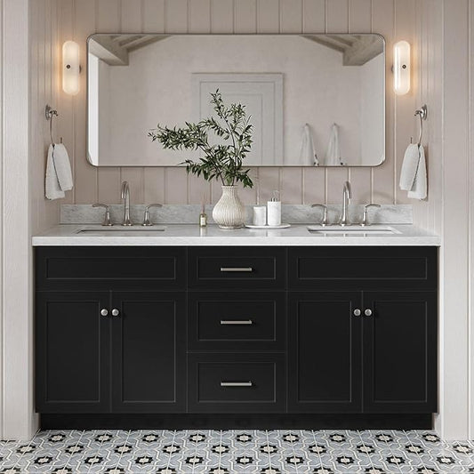 DKB Bradford 72 Inch Bathroom Vanity Double Sink — Black Bathroom Vanity with Sink, 1.5" Edge Italian Carrara Marble Countertop & Backsplash, 4 Soft-Close Doors, and 3 Dovetail Drawers