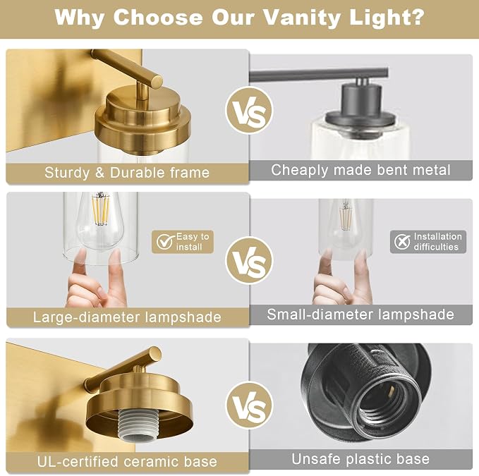 4-Light Bathroom Light Fixtures, Brushed Gold Vanity Lights | Modern Bathroom Lighting Fixtures Over Mirror, Vanity Lights for Bathroom, Mirror, Restroom, Bedroom, E26