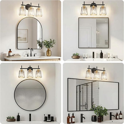 Crystal Bathroom Light Fixtures Over Mirror, Black Gold 3-Light Bathroom Vanity Lights Over Mirror Modern Wall Lighting Sconces with Ceramic E26 Base (Bulbs Not Include)