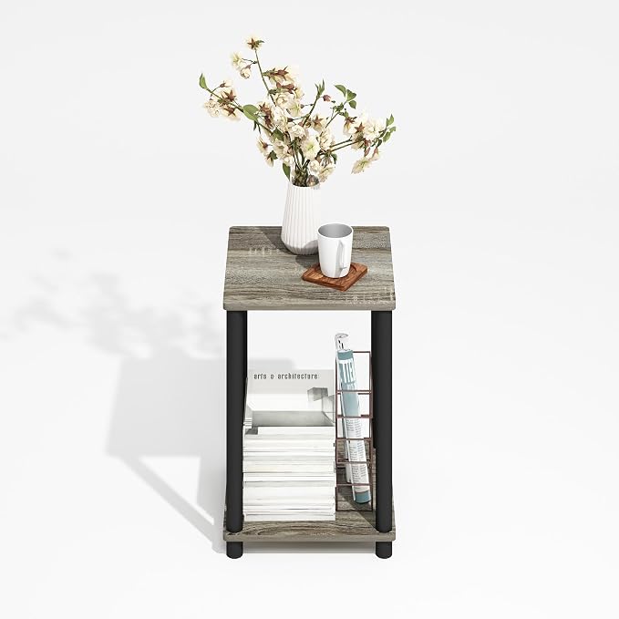Furinno Modern Side Table, 2-Tier Square Top End Table with Open Shelf, Toolless Night Stand, Bedside Table, for Living Room, Bedroom, Grey Oak