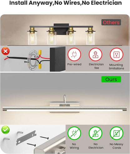Rechargeable Wireless Bathroom Vanity Light Brushed Nickel 24 inch | 10000mAh Rechargeable Vanity Bathroom Light, with 1 Detachable Battery, Dimmable, Rotatable, 3CCT for Bathroom Mirror