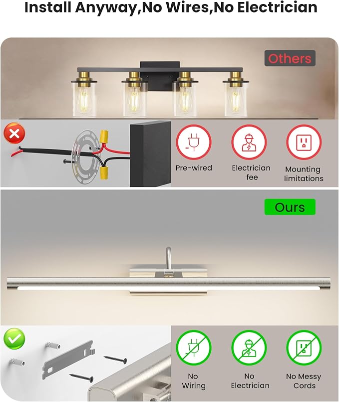 Wireless Battery Vanity Lights for Mirror Brushed Nickel 24 inch | 10000mAh Rechargeable Battery, No Wiring Needed, Remote Control, 500LM Dimmable, 3CCT with 250° Rotatable for Bathroom Mirror