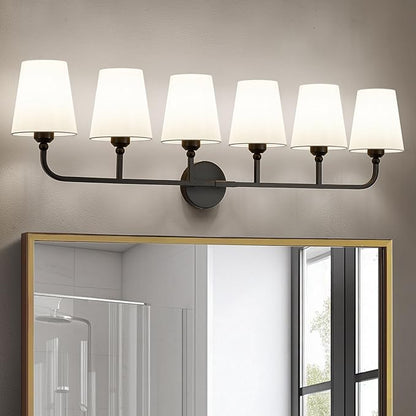 Bathroom Vanity Light, Matte Black Bathroom Light Fixtures, 6-Light Lighting Fixtures Over Mirror, Modern Wall Sconce with Flared White Fabric Shade, E26 Socket(ETL Listed)