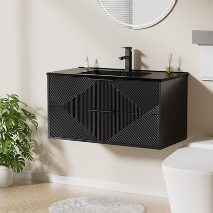 LUCKWIND 36" Floating Bathroom Vanity with Black Sink, Wall Mounted Floating Cabinet with 2 Large Soft-Close Drawers & Water Saving Faucet, Geometric Textured Design in Black