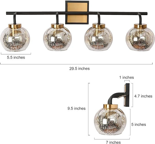 KSANA Black Gold Vanity Light, Modern 4-Light Bathroom Light Fixture with Mercury Glass Shade, Electroplating Brass 29.5”L Globe Vanity Lighting Over Mirror