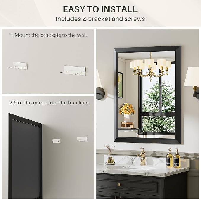 2-Pack 22x30 Inch Black Bathroom Mirror for Wall, Thick Metal Framed Rectangle Mirrors for Over Sink, Bedroom, Living Room, Entryway, Anti-Rust, HD Tempered Glass
