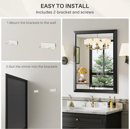 2-Pack 22x30 Inch Black Bathroom Mirror for Wall, Thick Metal Framed Rectangle Mirrors for Over Sink, Bedroom, Living Room, Entryway, Anti-Rust, HD Tempered Glass