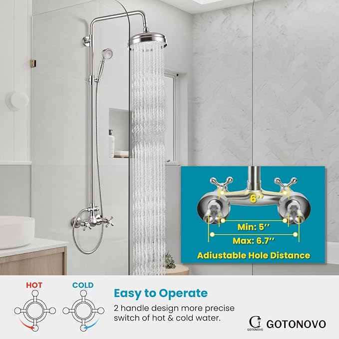 gotonovo Exposed Shower System Wall Mount,Brushed Nickel,Metal Handheld | 8” Rain Shower Head Faucet Set Fixtures,2 Function,Two Cross Handle,Height Adjustable,for 5-6.7" Hole,Indoor Victorian Retro