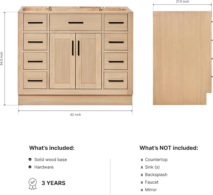 ARIEL Hepburn 42-inch Bathroom Vanity Base Cabinet,Solid Wood, 2 Soft Closing Doors, 9 Dovetail Drawers, White Oak