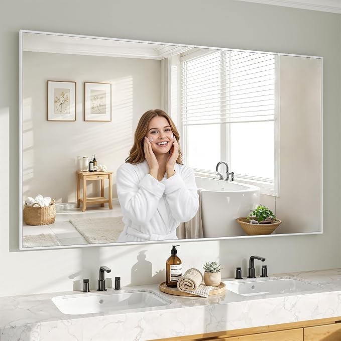 Koonmi White Rectangle Wall Mirror, 36x60 Inch Bathroom Mirror, Aluminum Frame Vanity Mirror for Entryway, Living Room, Bedroom Bathroom, Hangs Horizontally or Vertically