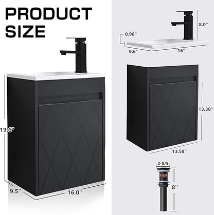 16" Bathroom Vanity Sink Combo for Small Space, Wall Mounted Bathroom Cabinet Set with White Resin Basin Sink Top Black Faucet Pop Up Drain Black