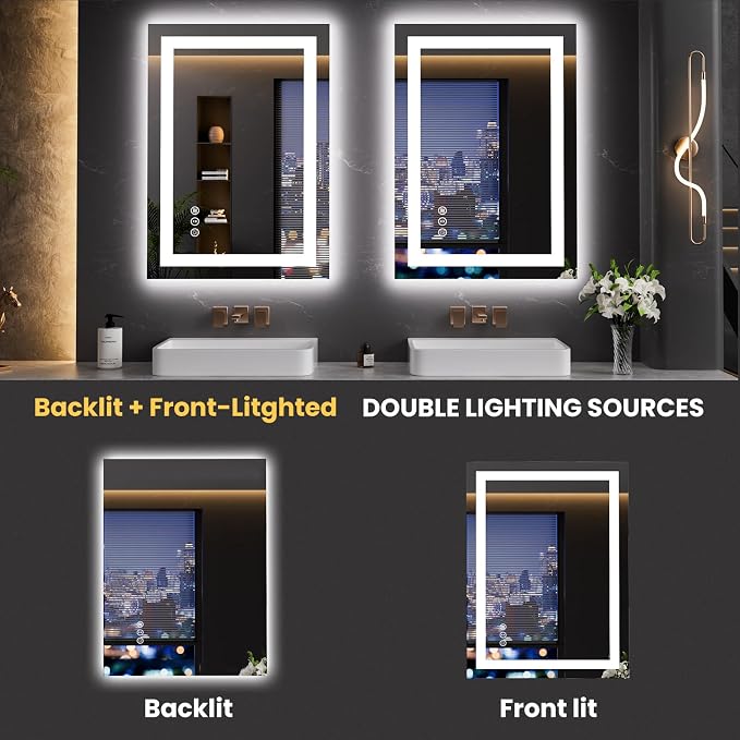 LOAAO 23.6"x31.5" LED Bathroom Mirror with Lights, UL Listed | Anti-Fog, Dimmable, 3 Color Temperature, Backlit + Front Lit, Memory Function, Tempered Glass