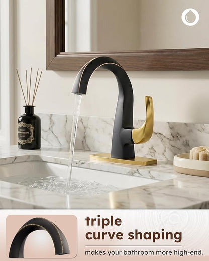 WOWOW Single Handle Bathroom Faucet 1 Hole High Arc Bathroom Basin Faucet Black and Gold with Pop-up Drain, Solid Brass Commercial Bathroom Sink Basin Vanity Bar Faucet (Patented Product)
