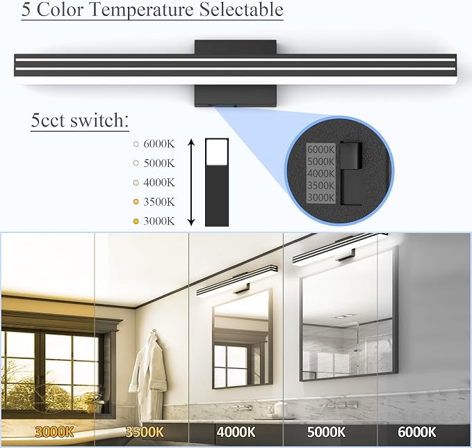 Ralbay Modern Black Bathroom Light Fixtures 5 Color Temperature Dimmable 31.5inch 30W Acrylic LED Black Bathroom Vanity Lighting Fixtures Over Mirror