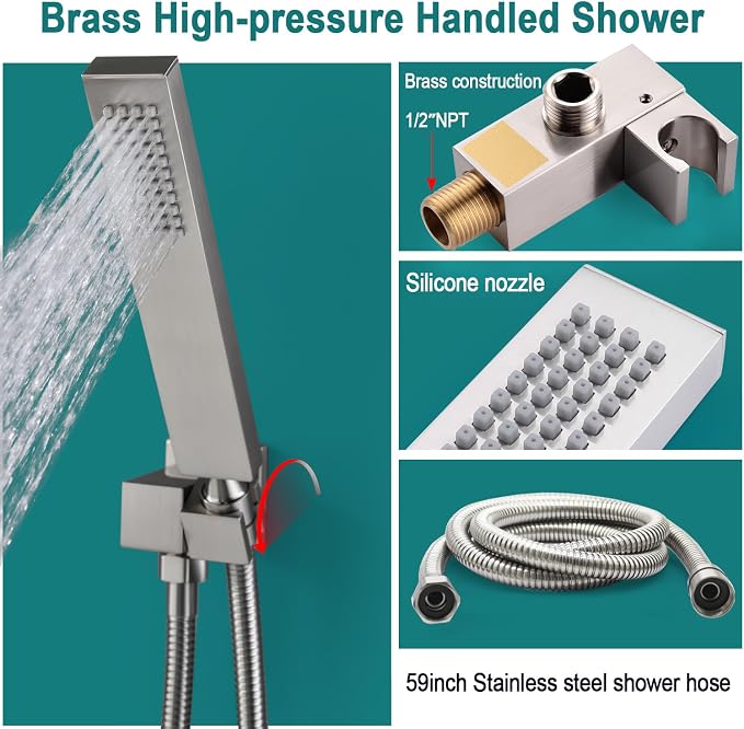 HOMEDEC LED Multi Functions Full Body Shower System with 6pcs Body Jets Spray with（Up/Down）Shower Spout, Large 3 In 1 Functions 14x20inch Showerhead, Rainfall Mist Shower Faucet Set, Brushed Nickel