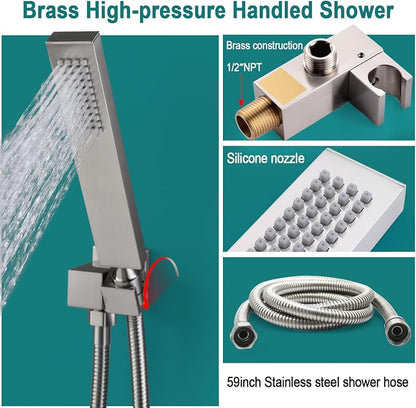 HOMEDEC LED Multi Functions Full Body Shower System with 6pcs Body Jets Spray with（Up/Down）Shower Spout, Large 3 In 1 Functions 14x20inch Showerhead, Rainfall Mist Shower Faucet Set, Brushed Nickel