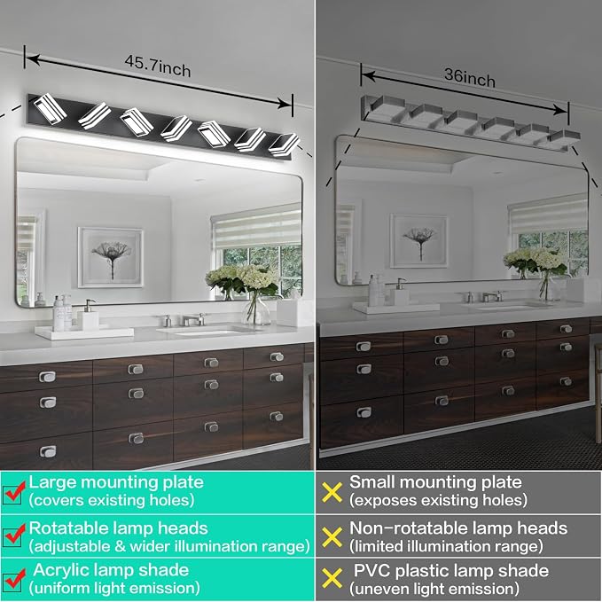 SOLFART LED Modern Vanity Lights Fixtures: 7 Lights Acrylic Matte Black Modern Bathroom Wall Light Over Mirror 46inch