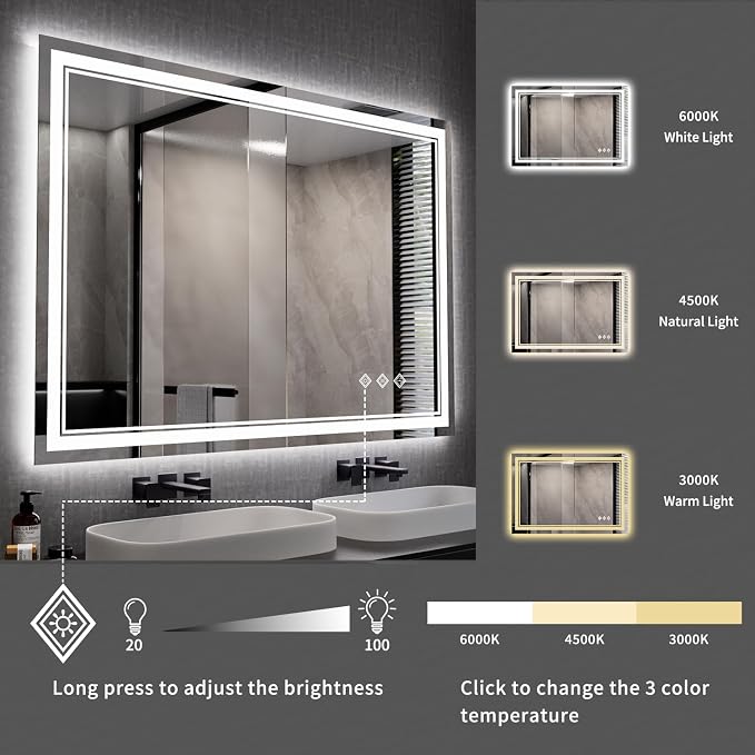 Bathroom Mirror, 44x30 Inch Gradient Front and Backlit Smart Mirror, 3 Colors Dimmable CRI>90 Double Lights, IP54 Enhanced Anti-Fog, Hanging Plates Wall Mount LED Mirror