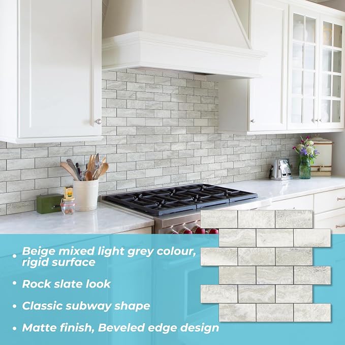 STICKGOO 10-Sheet Peel and Stick Backsplash on Subway Tile, Beige | Stone Texture with Grey Grout, Waterproof, Self Adhesive PVC Wall Tiles for Kitchen, Bathroom, Fireplace