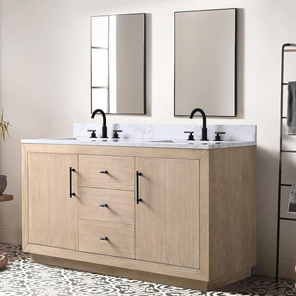 Vanity Art 60 inch Double Sink Bathroom Vanity, Vanity Cabinet with Doors and Shelf, Modern Wood Bathroom Vanity with White Marble Top, Solid Wood Frame, 3 Functioning Drawers, VA70-60-DLW-E