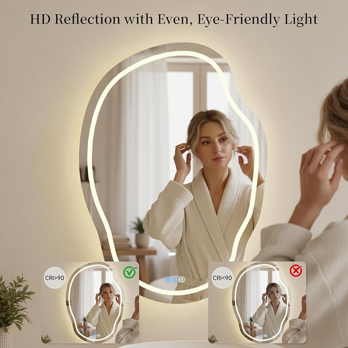 Irregular Wall Mirror 25 x 35 Inch, Lighted Mirrors for Bathroom Wall, Asymmetrical LED Mirror for Bathroom with Anit-Fog, Dimmable, Memory Function (Horizontal/Vertical)