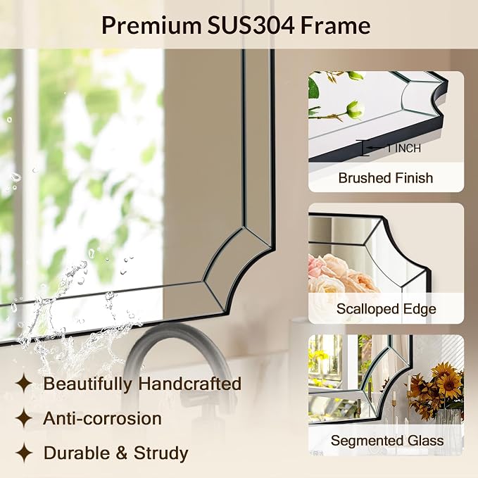 Black Mirror 24x40 Inch, Scalloped Mirror for Bathroom, Unique Rectangular Bathroom Mirror in Premium Stainless Steel Metal Frame 1" Deep, Decorative Mirror for Bathroom, Entryway, Mantel